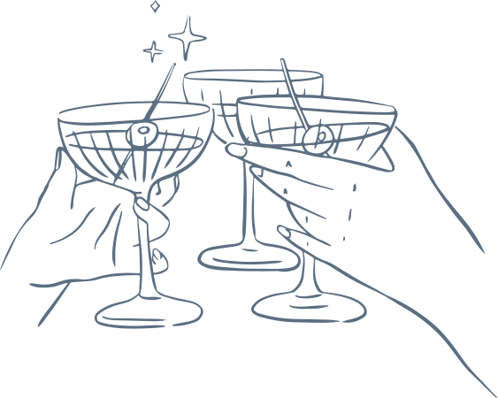 Hands raising coupe glasses in a toast